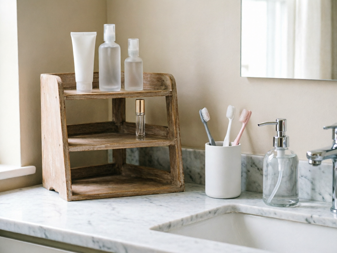 Zone 1 bathroom counter everyday essentials — toothbrush holder, corner organizer with skincare, and glass soap dispensers