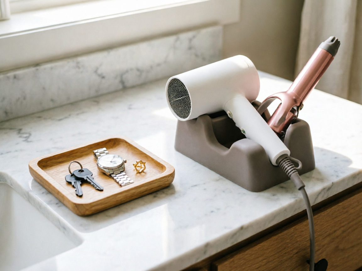 Zone 2 bathroom counter drop-zone with vanity tray and Polder hair tool station organized near sink