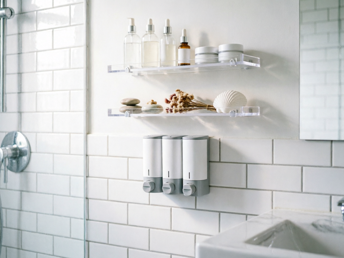 Zone 3 bathroom wall-mounted storage — Cabo Deseado shampoo dispenser and Yieach acrylic shelves with backup supplies