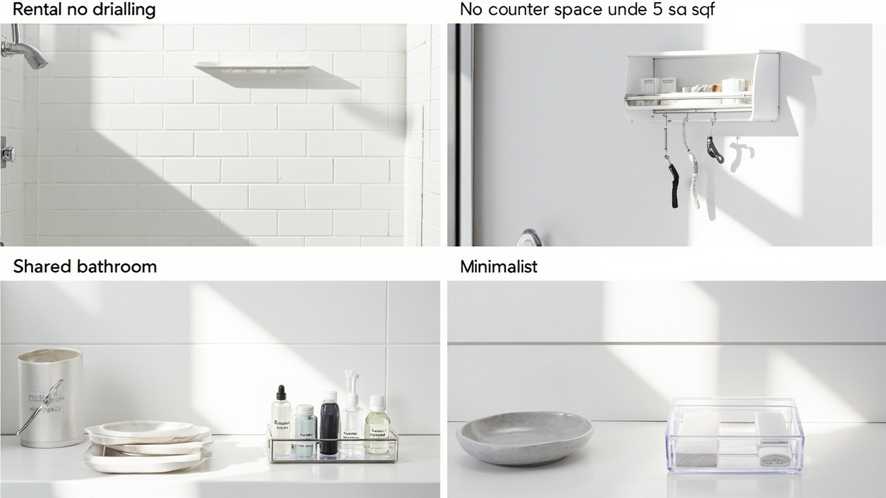 4-panel grid showing rental no-counter shared and minimalist constraint scenarios with specific products