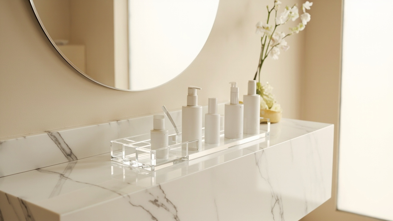 A serene, organized bathroom with a clear vanity and minimal clutter