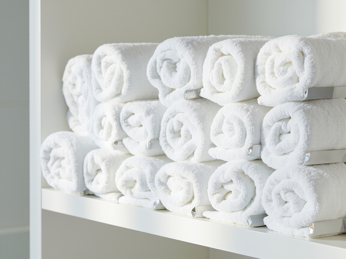 White rolled bath towels stacked neatly on bathroom linen closet shelf with metal dividers separating each stack