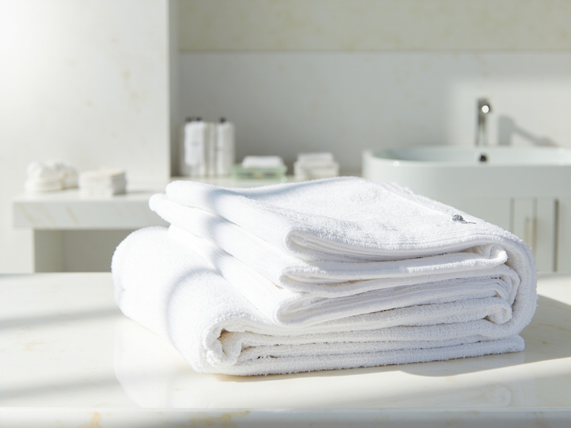Bath towel folded in thirds on bathroom counter, demonstrating folding method