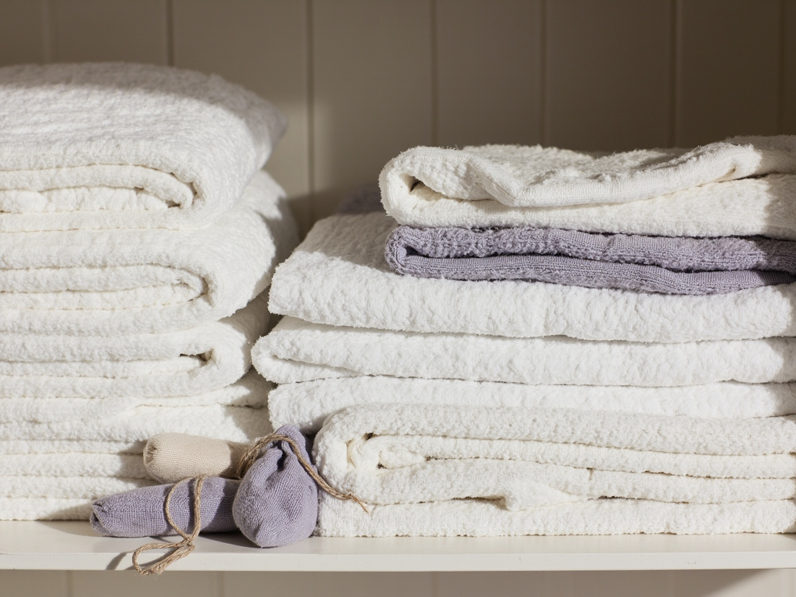 Lavender scented sachets placed between towel stacks on bathroom closet shelf for freshness