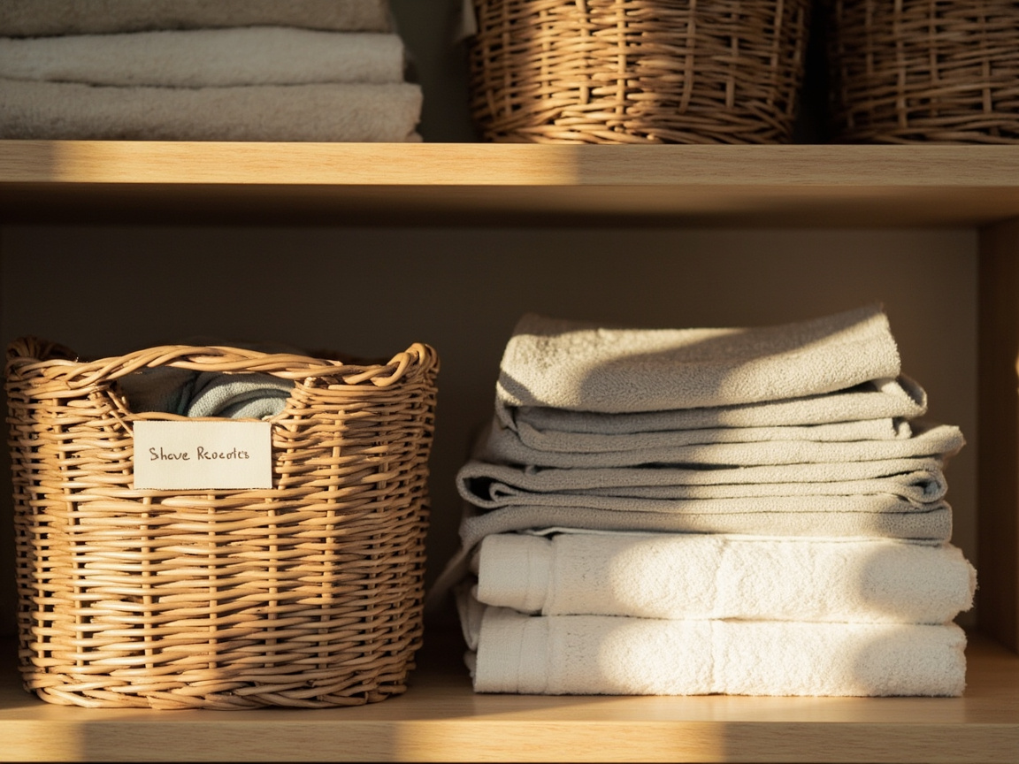 Seasonal towels stored in labeled baskets on top linen closet shelf, winter flannels separated from summer cottons