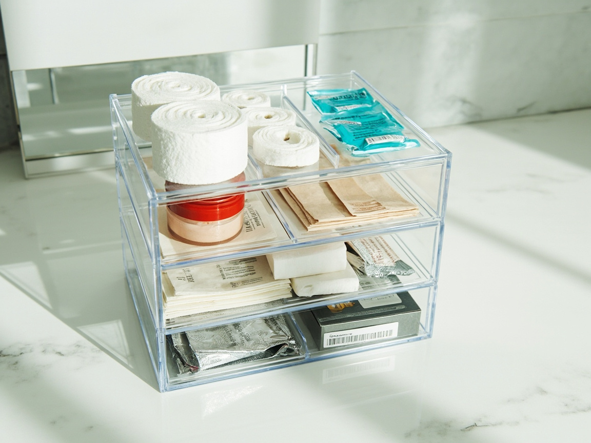 Portable first aid kit organized with bandages, ointments, and medical supplies inside clear tiered organizer