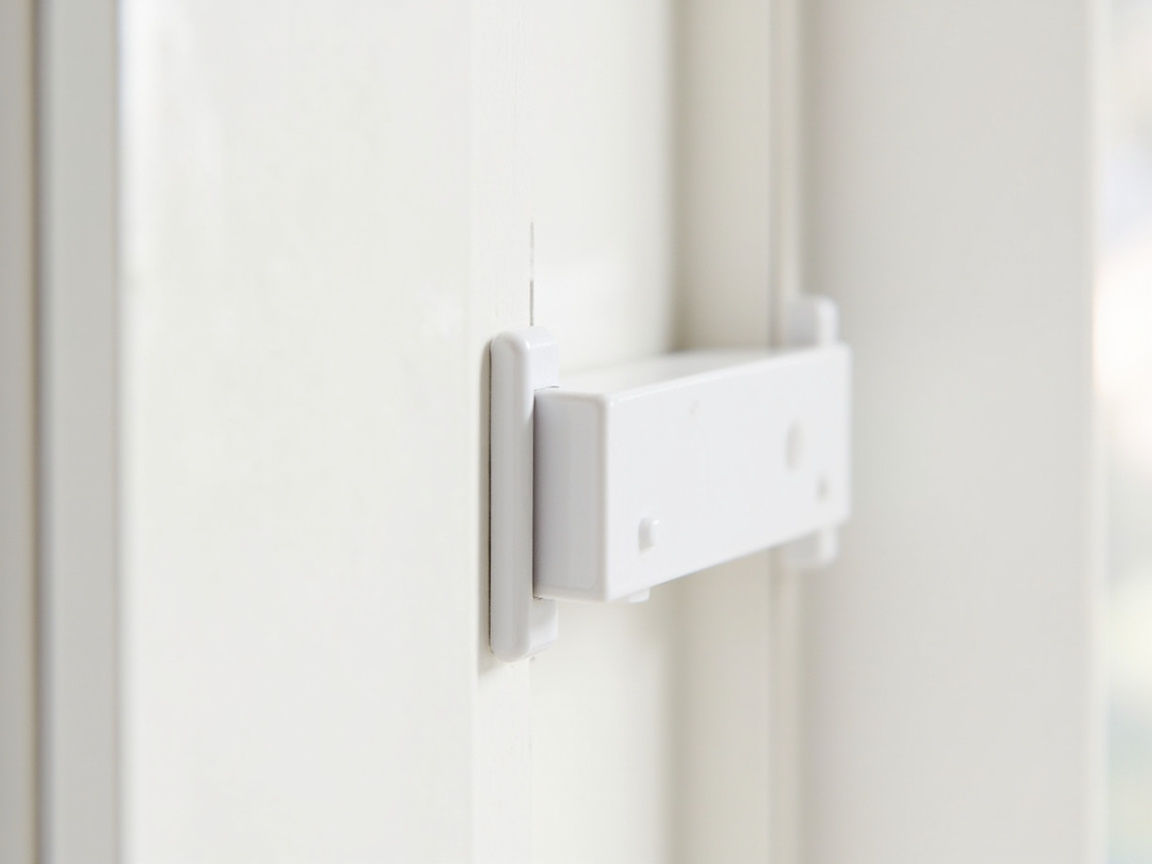 Child safety cabinet lock installed on bathroom medicine cabinet with parent safety setup