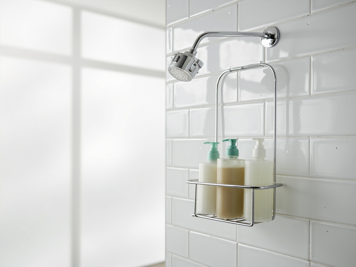 Over the showerhead hanging caddy with shampoo bottles in a modern white subway tile shower