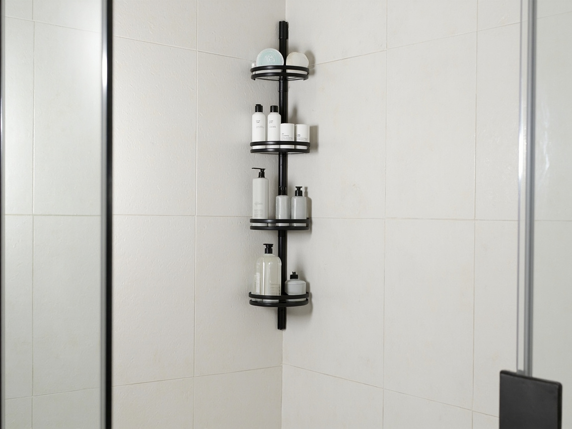 Corner shower with 4-tier black tension rod caddy from floor to ceiling holding shampoo bottles