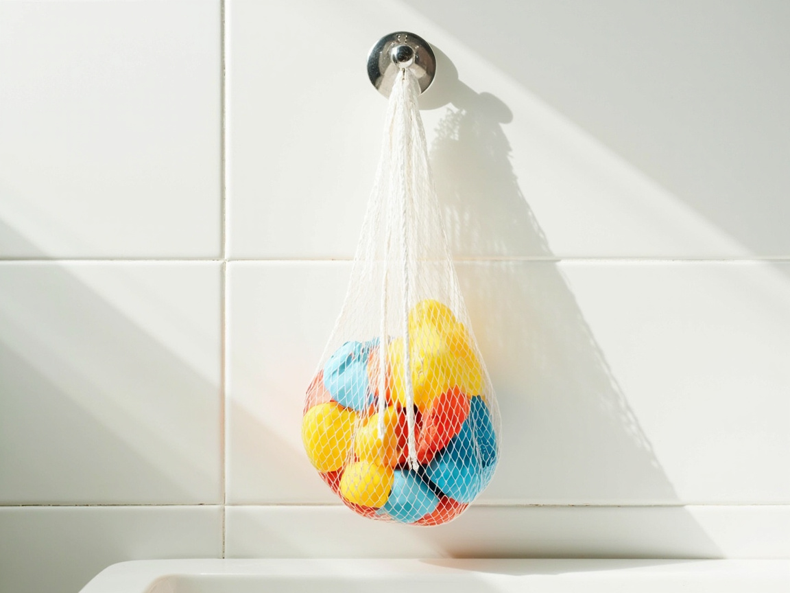 Bath toy mesh storage bag hanging on bathroom wall with colorful rubber duckies inside