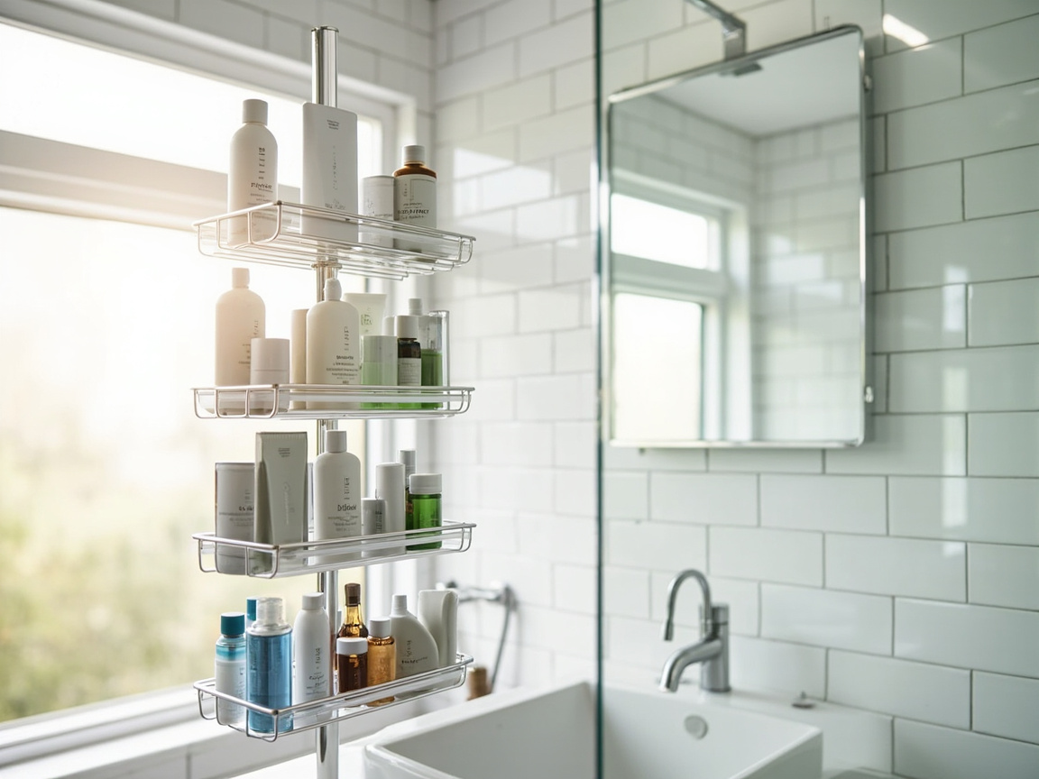 Large family bathroom with multiple shower caddies and 6-tier tension pole organizer with labeled sections
