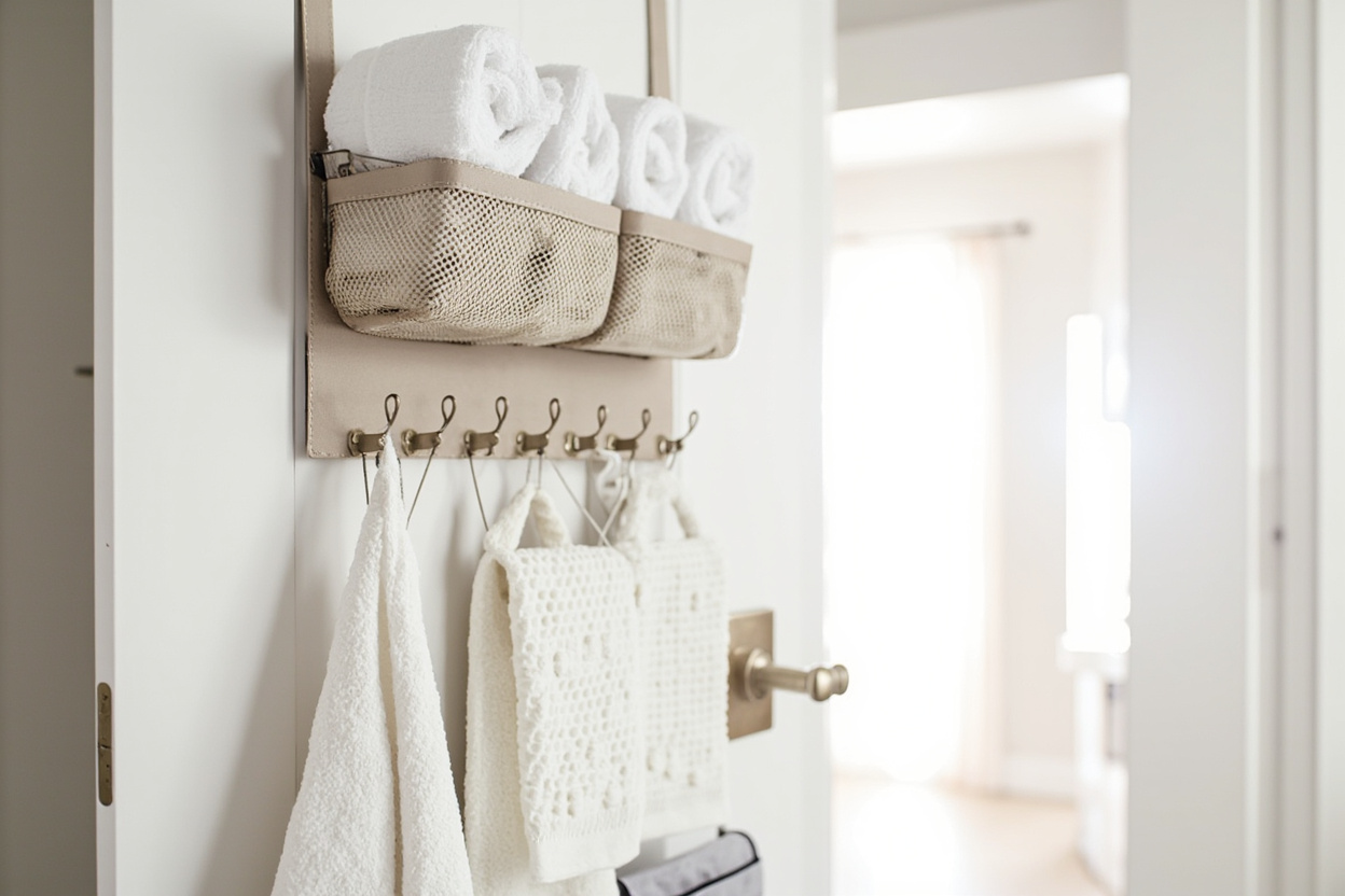 Over-door hooks organizer with 3 tiers holding robes and towels in a small bathroom — Zone 4 in action