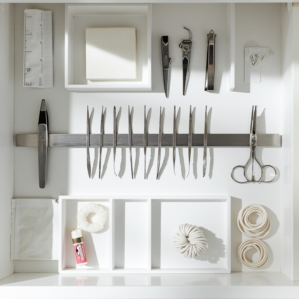 Vanity drawer with magnetic strip holding 11 metal tools in a row — Zone 2 in action