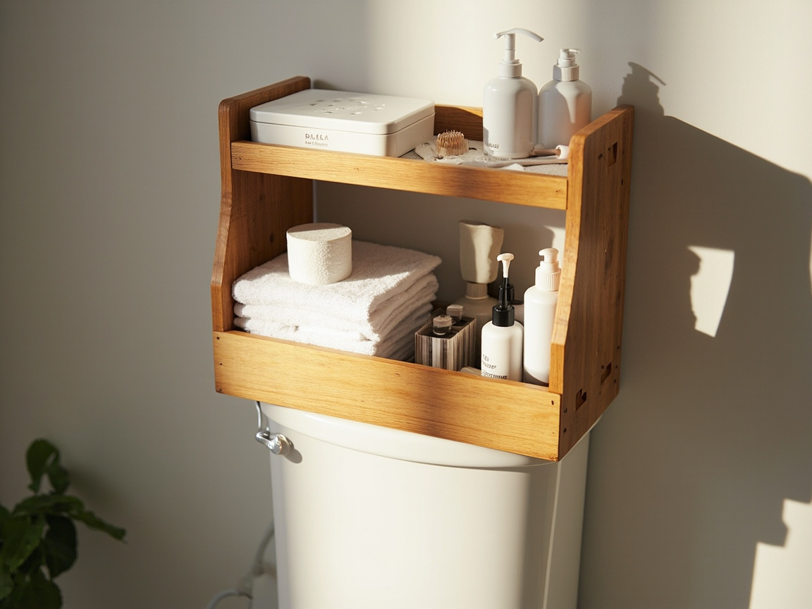 Three-tier over-toilet rack above toilet with towels + first-aid — Zone 3 in action
