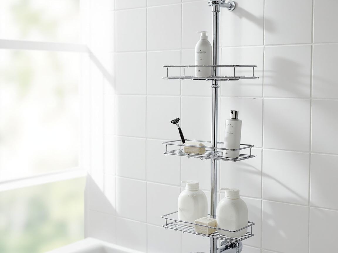 Corner shower with 4-tier tension-rod caddy holding shampoo, conditioner, body wash, razor