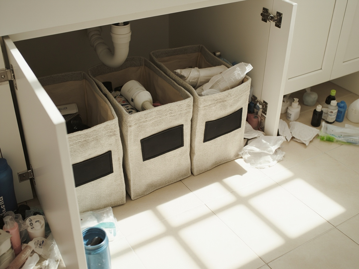 Under-sink cabinet cleared with labeled quadrant bins for Trash, Donate, Keep, Relocate