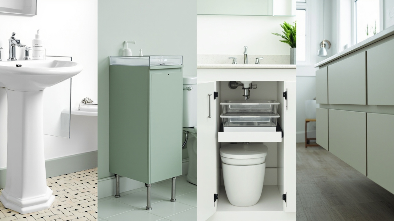 Four bathroom cabinet types side by side — pedestal, single-door, double-door, drawer vanity