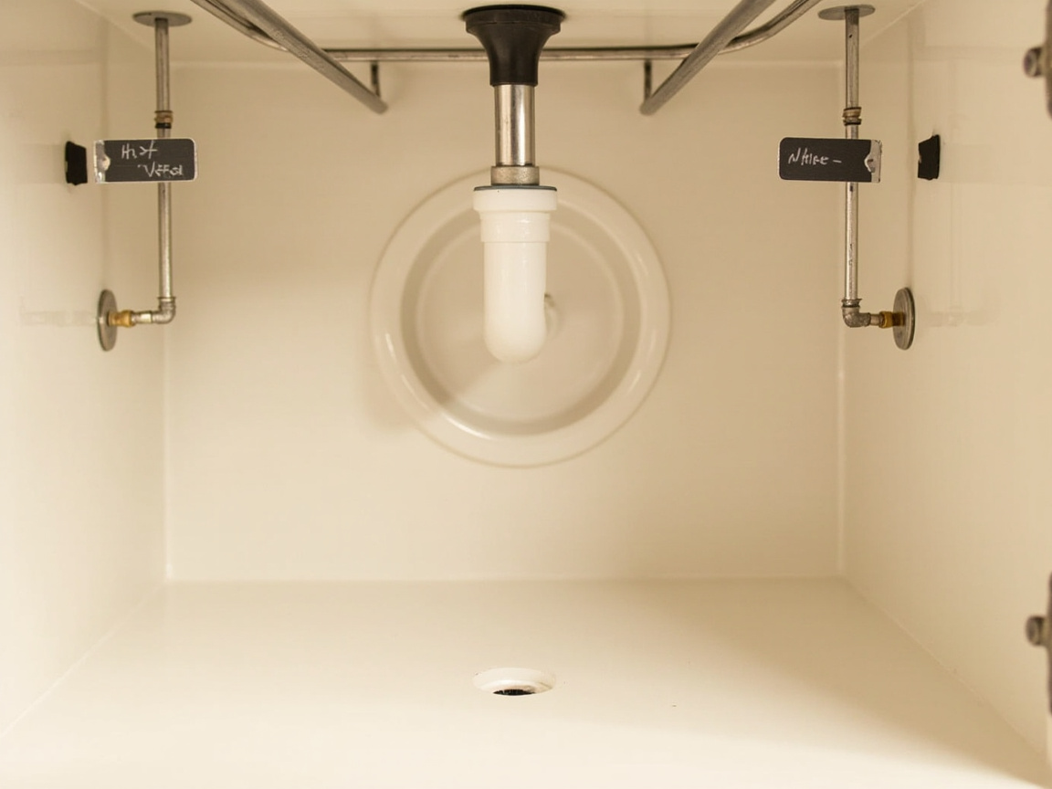 Four pipes map inside an under-sink cabinet — P-trap back-center + hot/cold supply lines + shut-off valves labeled