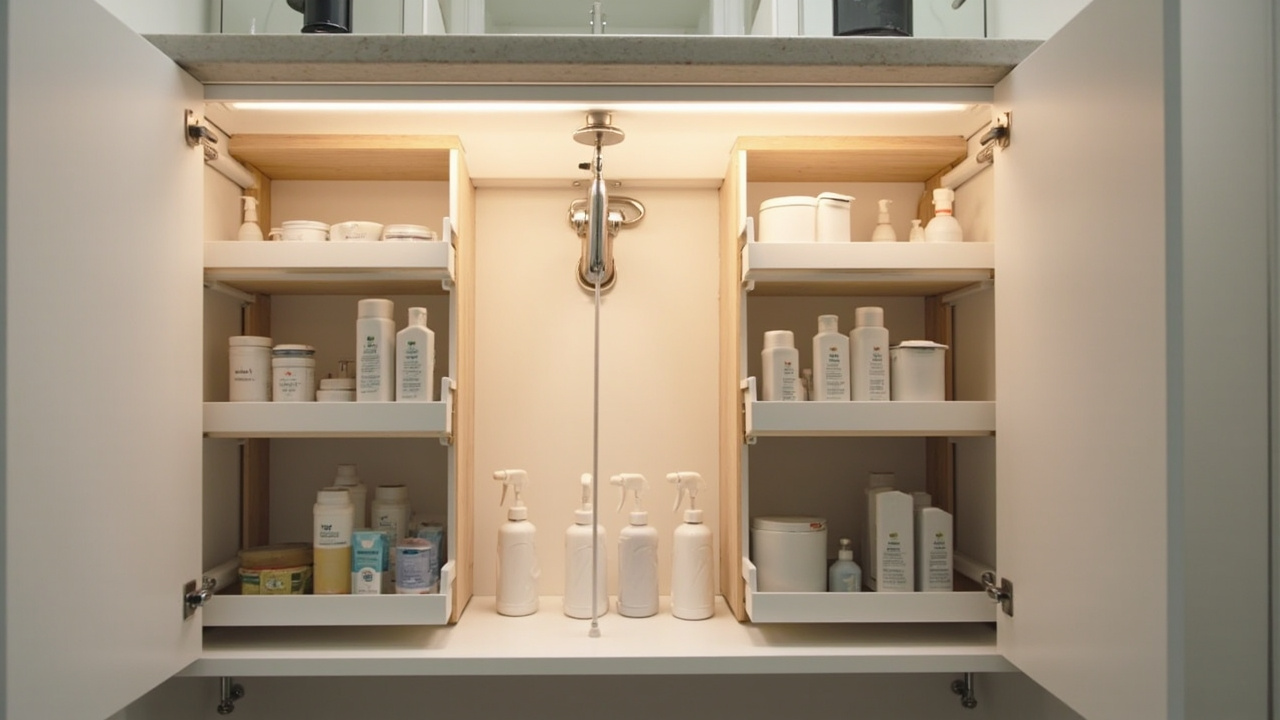 Double-door under-sink cabinet with 2-pack pull-out drawers installed on left and right sides, leaving P-trap zone in center