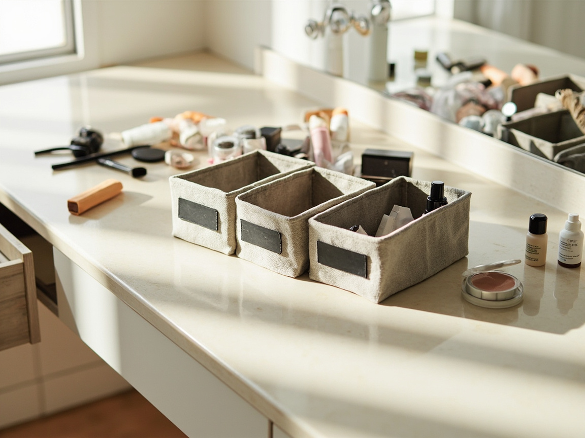 Four labeled quadrant bins in a vanity drawer staged as Trash, Donate, Keep, Relocate with makeup products being sorted