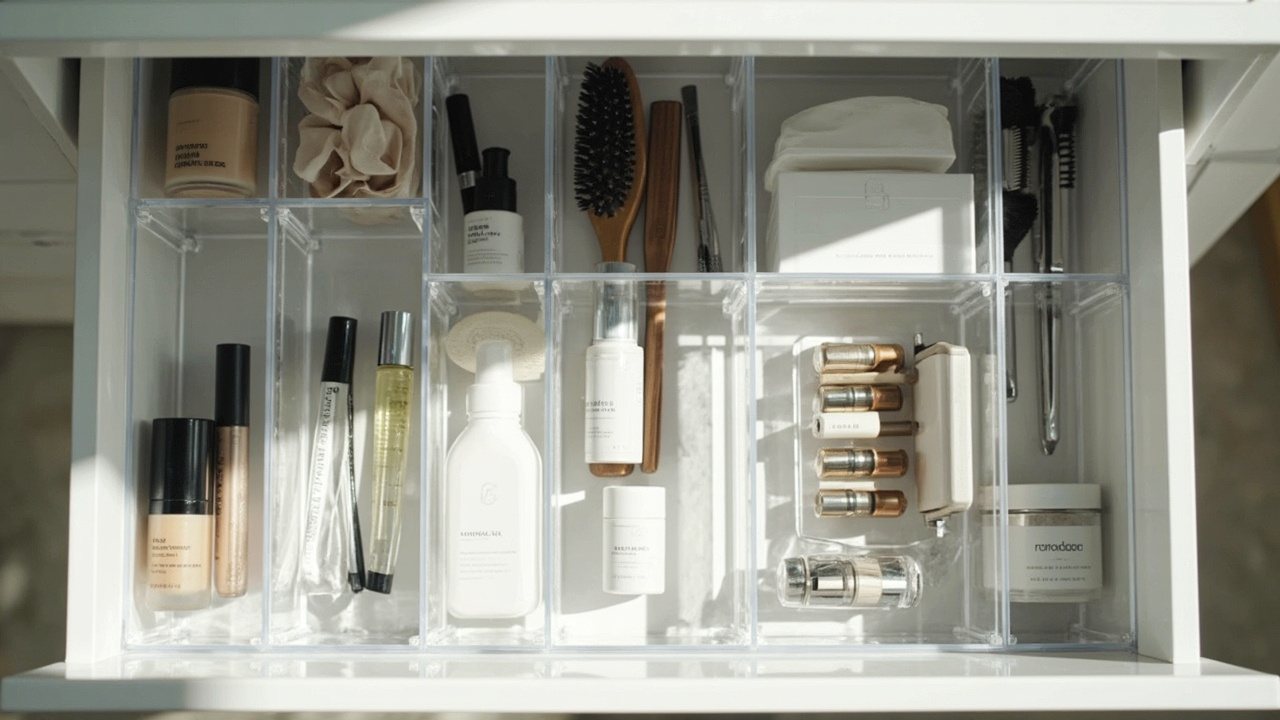 Six-category system infographic — vanity drawer with 6 labeled sections