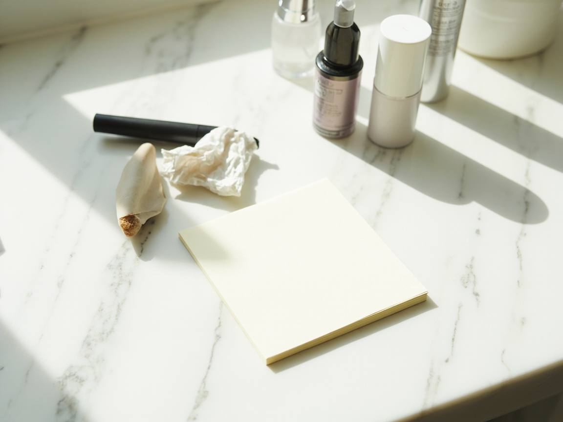 Quarterly expired makeup check — mascara, foundation, skincare laid out with expiration labels for sorting