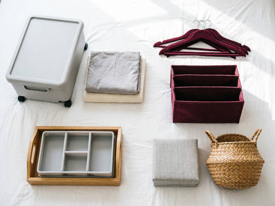 4 zones of bedroom declutter with under-bed containers, velvet hangers, drawer dividers, and label maker on bed