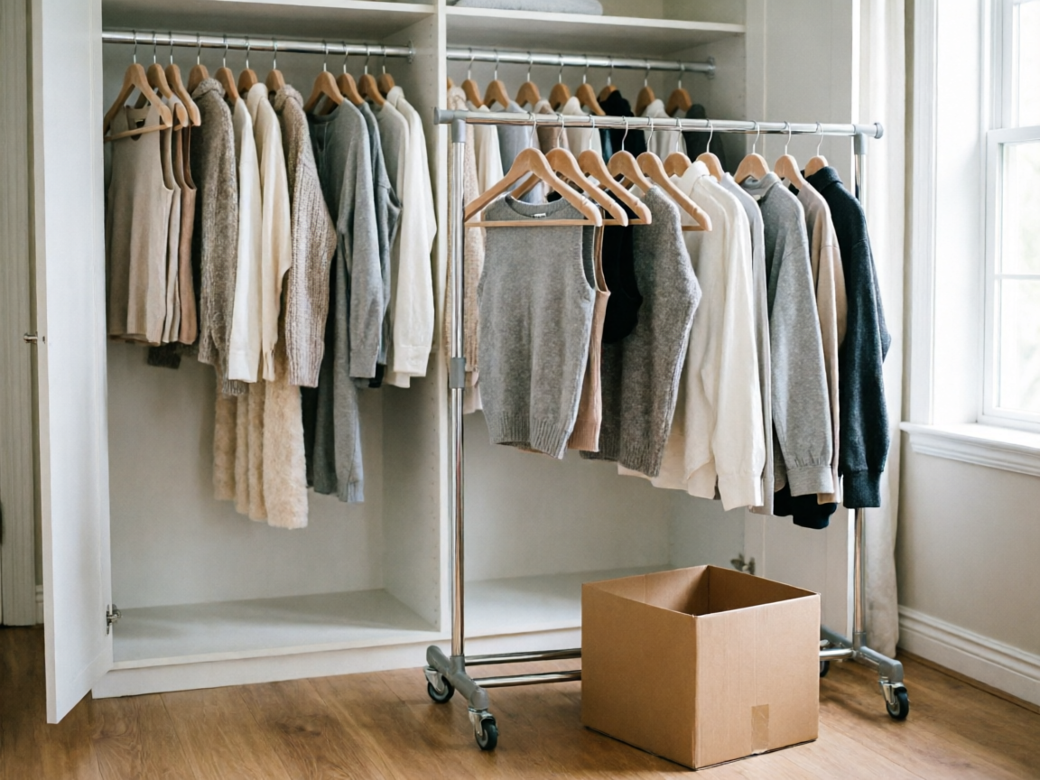 Bedroom closet declutter in progress with clothing rack staging and velvet hangers on rod