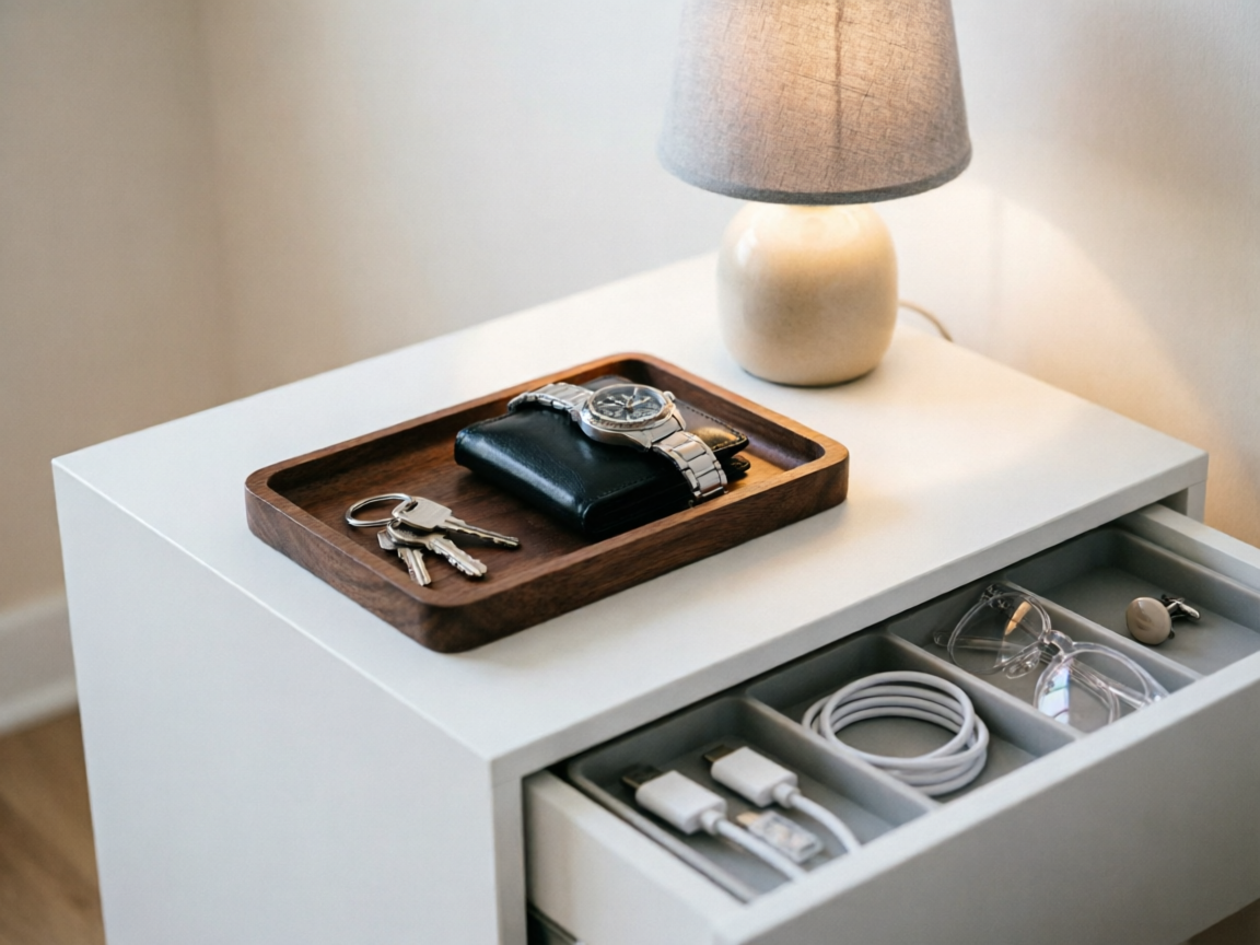 Decluttered nightstand with ULTRAY valet tray holding keys wallet and watch, drawer with Fabsome dividers