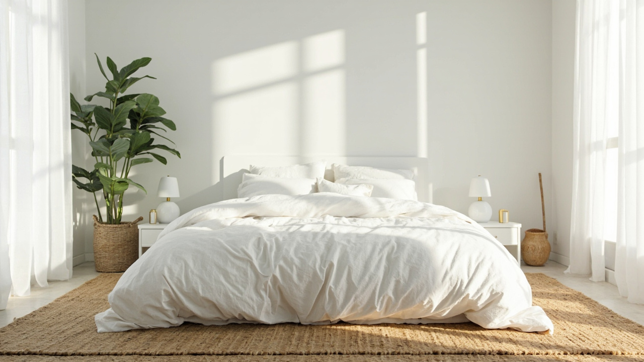 A serene, organized bedroom with warm natural lighting