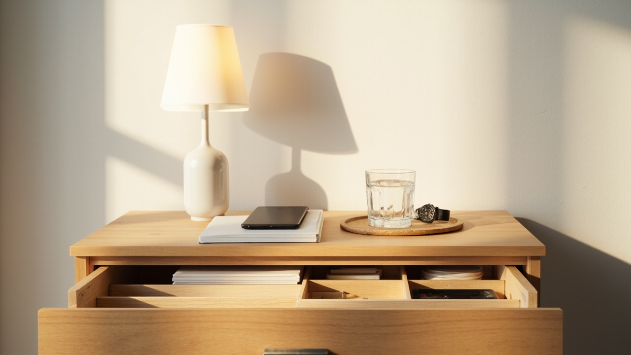 Minimalist nightstand with lamp, book, water glass, and phone tray with an organized drawer partially open