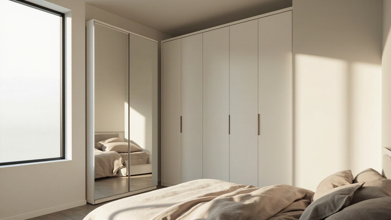 A freestanding wardrobe in a small bedroom with mirrored doors