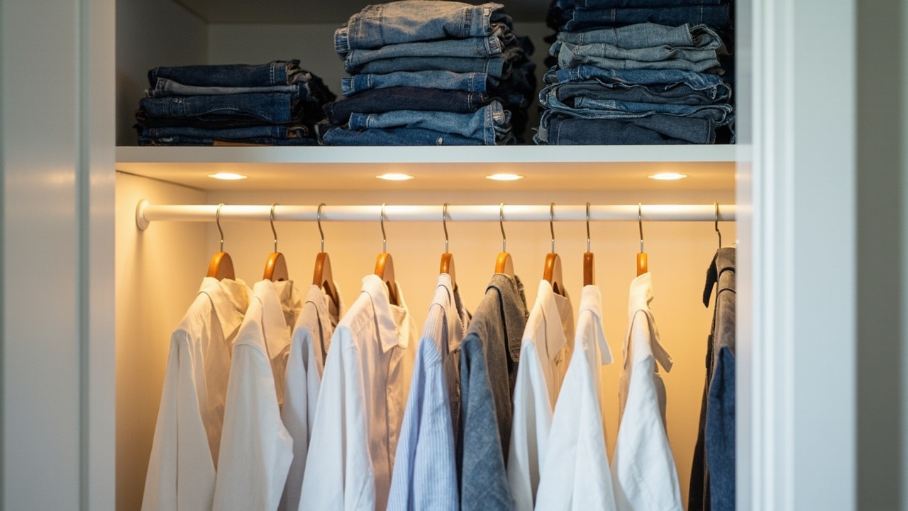A reach-in closet with double-hang rod and added shelves for folded clothes