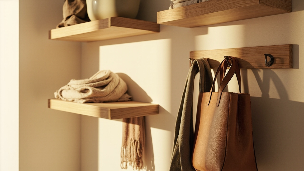 Wall-mounted hooks and shelves holding accessories and bags in a small bedroom corner