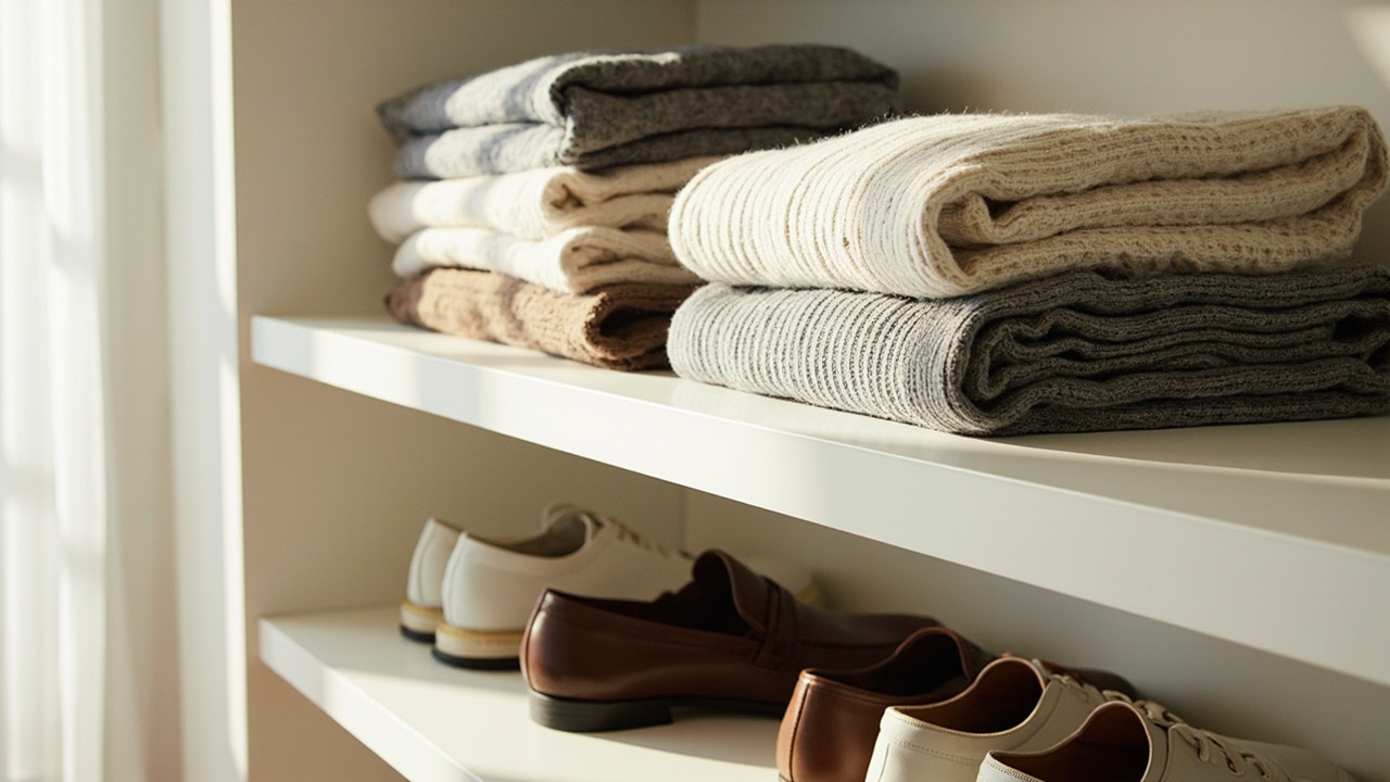 Open shelving unit with neatly folded clothes and shoe storage in a bedroom