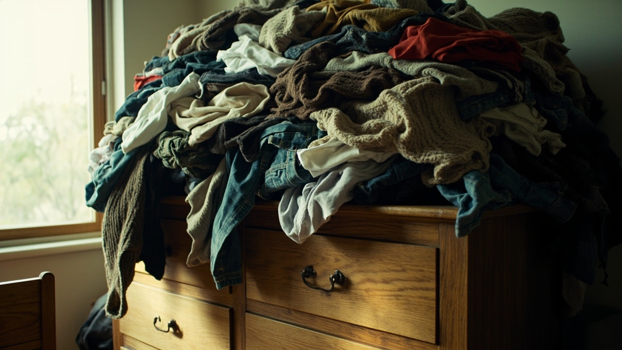 A 6-drawer dresser before decluttering, with clothes overflowing the top