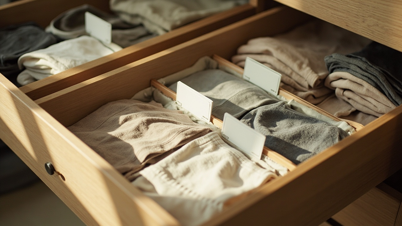 Open drawer with sub-divided compartments: socks, underwear, and t-shirts in labeled sections