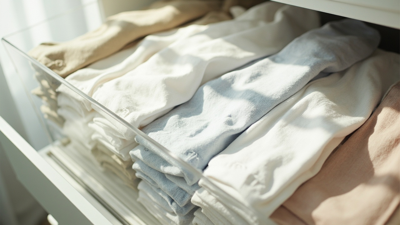 Drawer organizer set with rolled shirts arranged vertically using the KonMari file-fold method