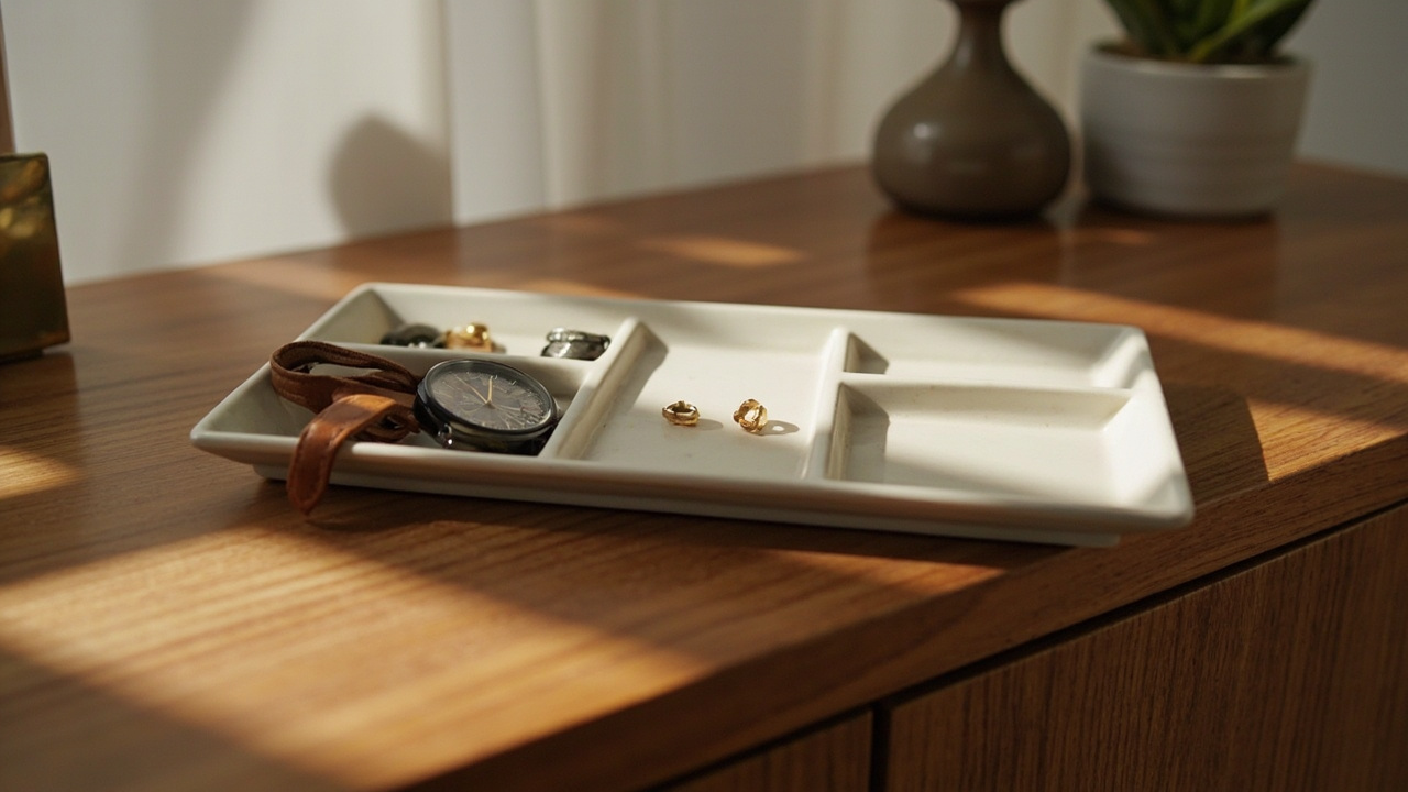 Decorative tray on a dresser holding daily-wear jewelry — earrings, watch, ring in compartments