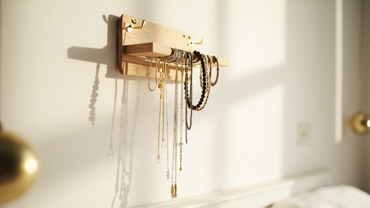 Wall-mounted jewelry organizer with hooks for necklaces and bars for bracelets