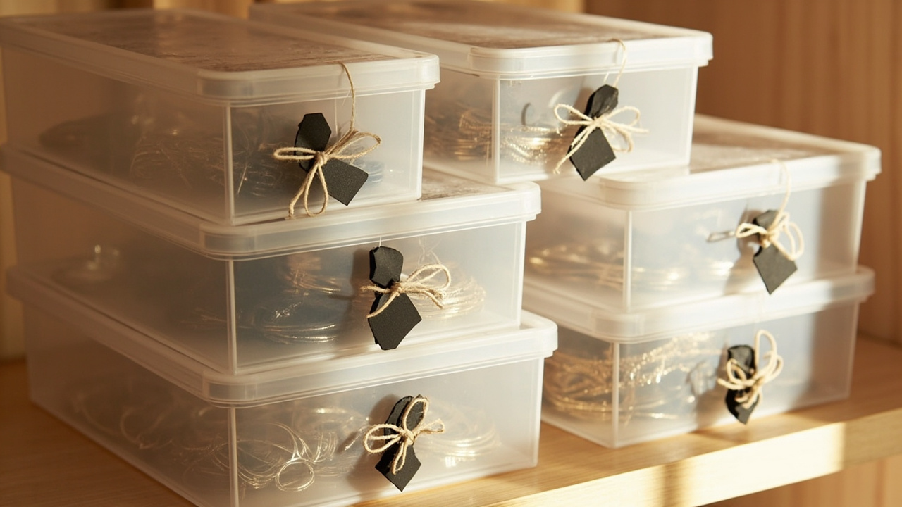 Stackable boxes on a closet shelf labeled with chalkboard tags