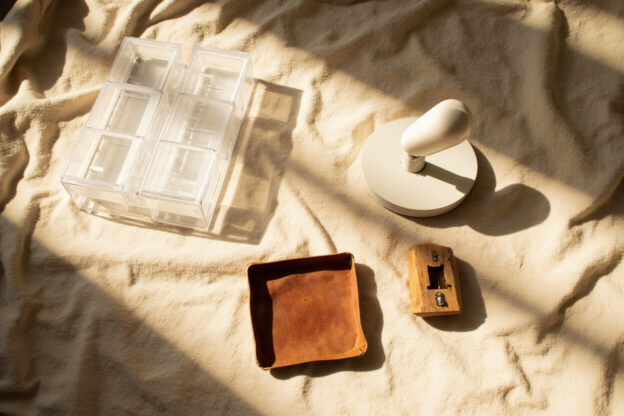 Three nightstand essentials flat-laid on linen: clear plastic drawer organizer set, wooden valet tray, and bedside lamp