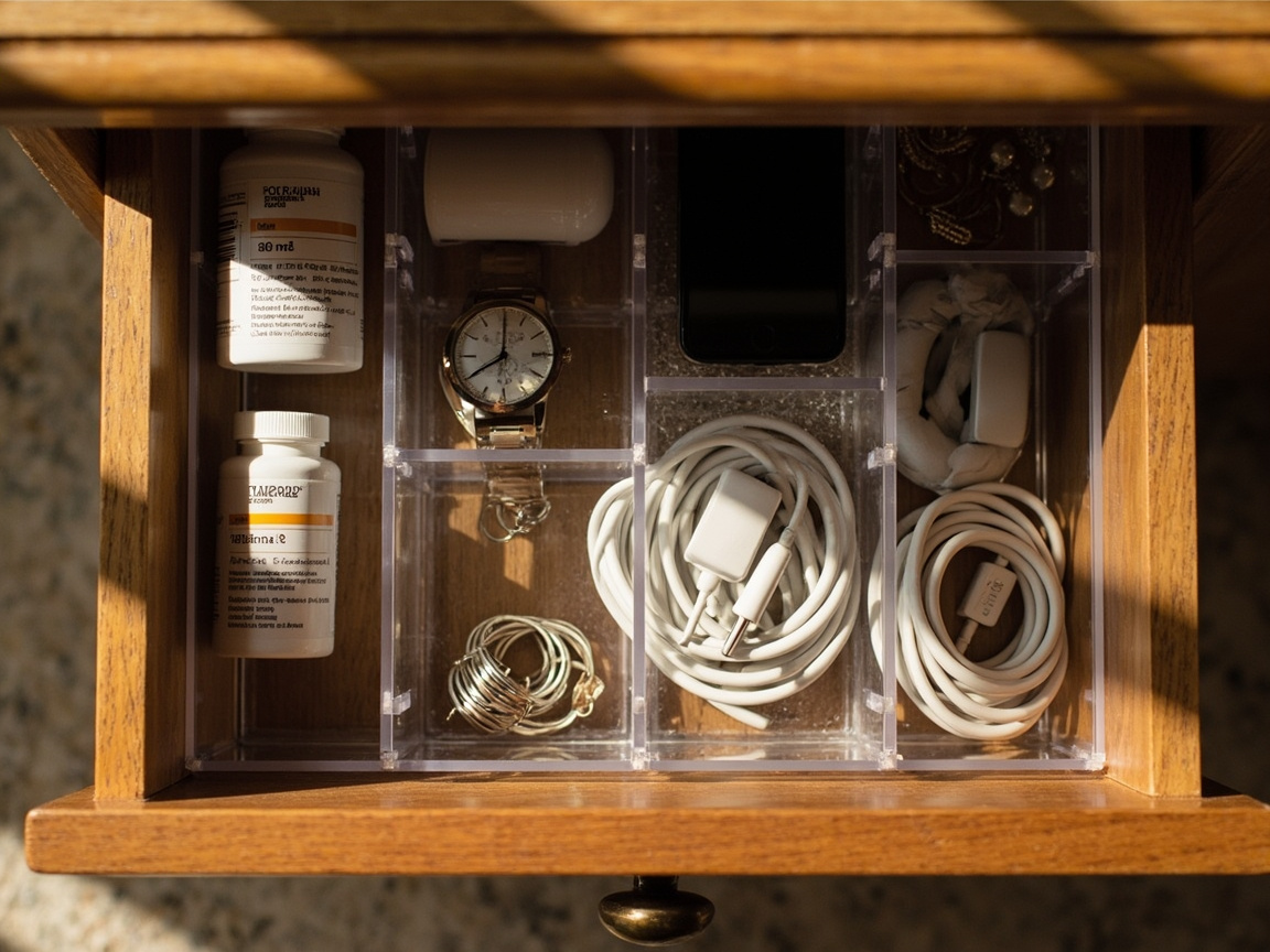Open nightstand top drawer with clear plastic organizer trays sub-dividing medications jewelry and charging cables