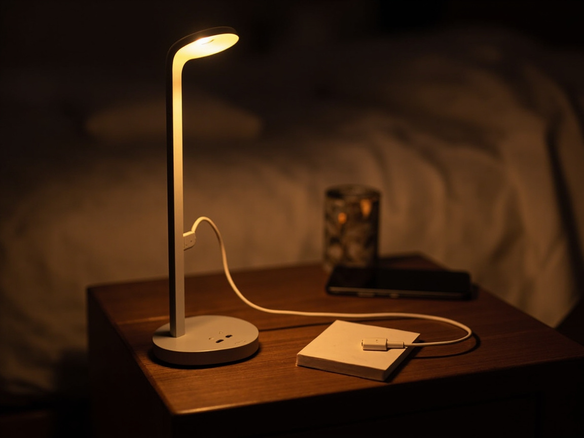 Bedside lamp with USB ports charging a phone on a wood nightstand with no visible cable clutter
