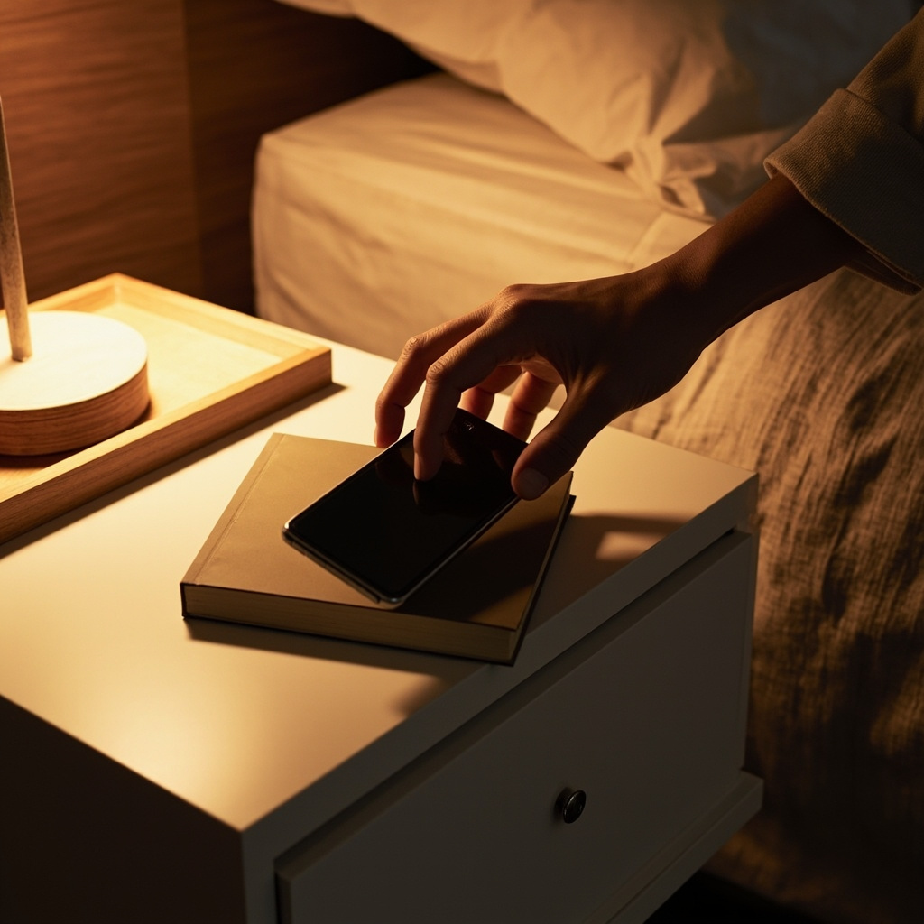 Person's hand placing phone on clean nightstand charger at bedtime with lamp and small book visible