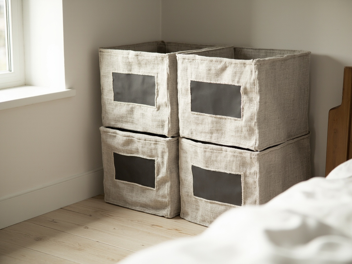 Four labeled fabric bins in a small bedroom corner staged as Trash, Donate, Keep, and Relocate quadrants