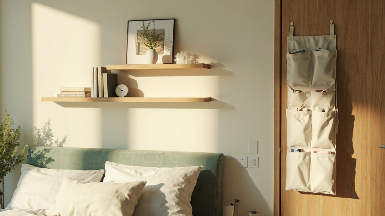 Wall shelves above the headboard and over-the-door organizer mounted on the bedroom door