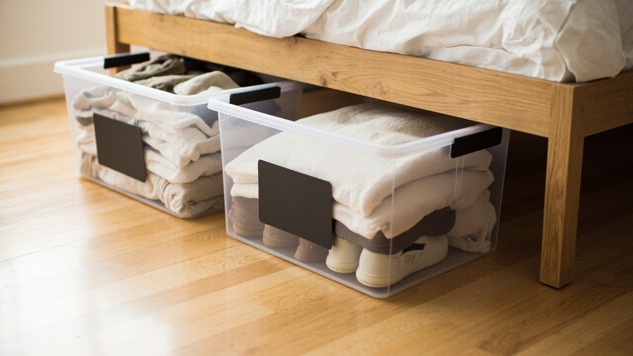 Three labeled clear plastic bins pulled out from under a queen bed showing Seasonal Clothes, Linens, and Shoes zones