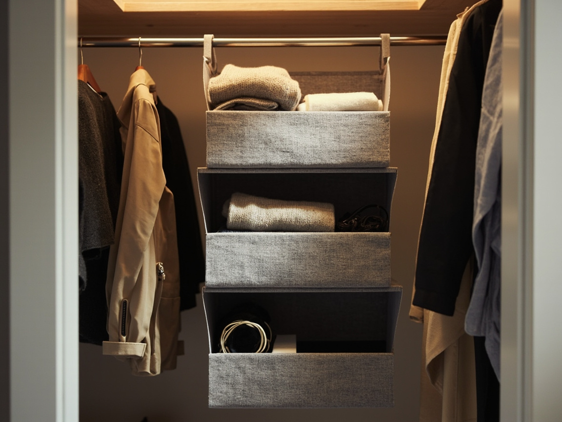 Gray 3-shelf hanging closet organizer suspended from a closet rod holding folded sweaters and accessories