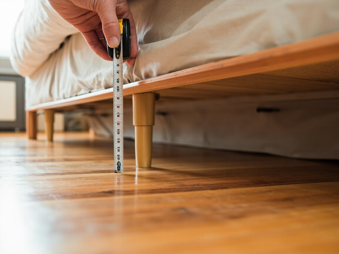 Tape measure held vertically showing the gap between a platform bed frame and wood floor